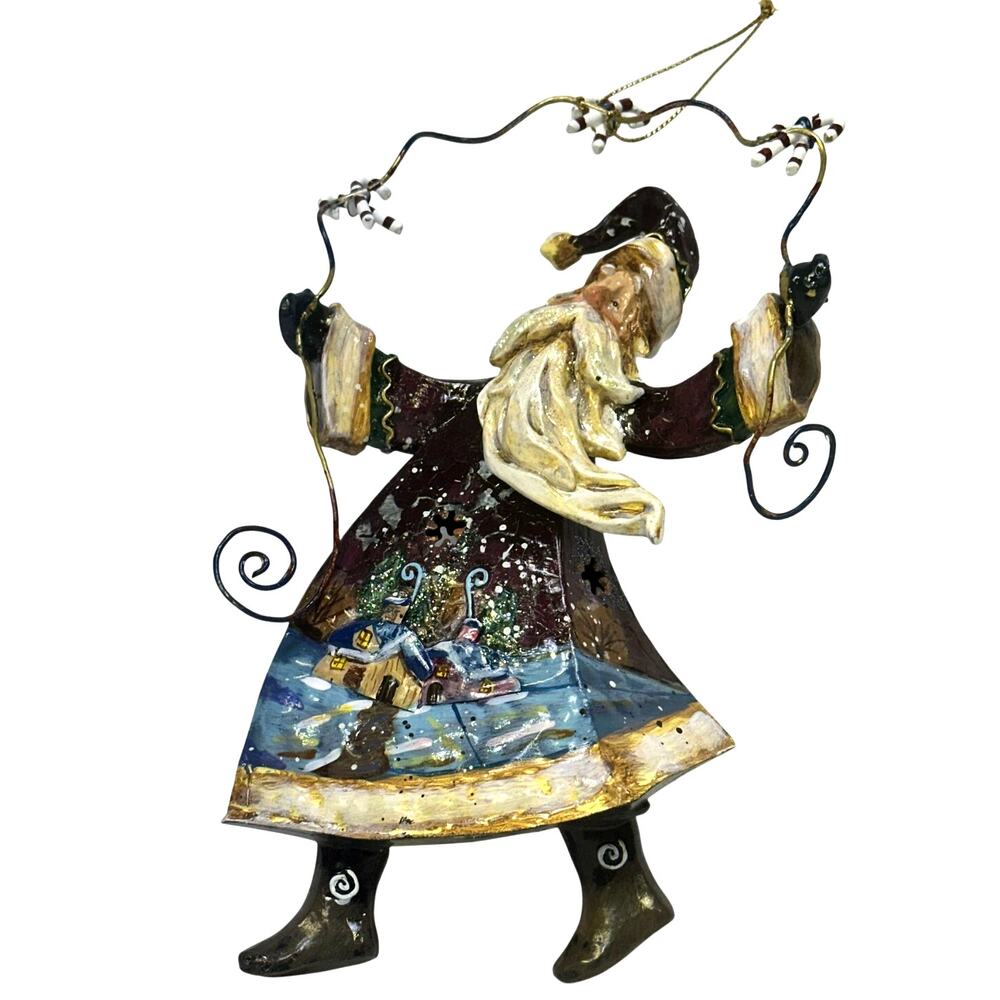 Whimsical Folk Art Style Metal Painted Santa Claus 8" Christmas Ornament